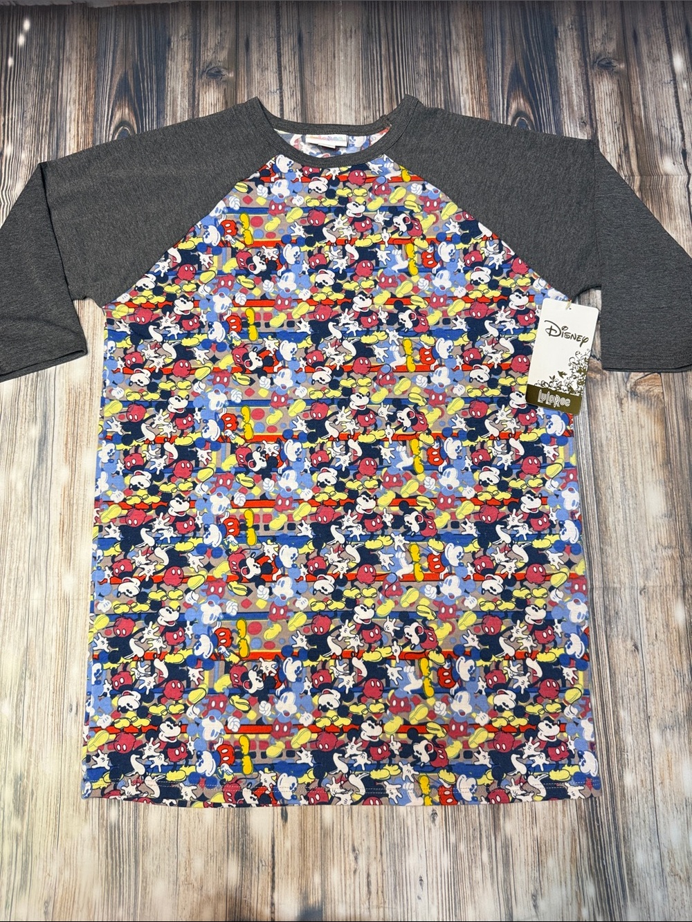 LuLaRoe Disney Kids Raglan Tee with Multicolor Mickey Print and Gray Sleeves